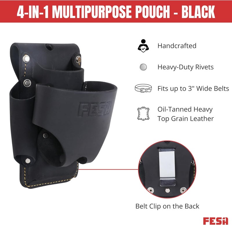fesa Small Leather Tool Pouch - 4-in-1 Heavy Top Grain Leather Small Tool Pouch with a Tape Measure Holder, 3 Pockets & Reinforced Heavy Duty Rivets - Fits Belts up to 3" - Handcrafted - Image 2